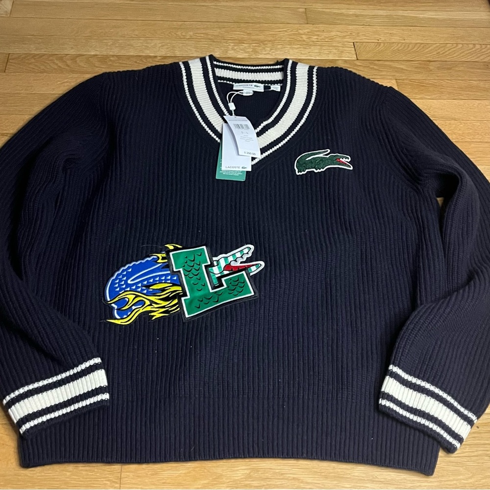Lacoste NWT 100% Wool Holiday Comic Badge Striped V-Neck Sweater 5 Large - Picture 6 of 13